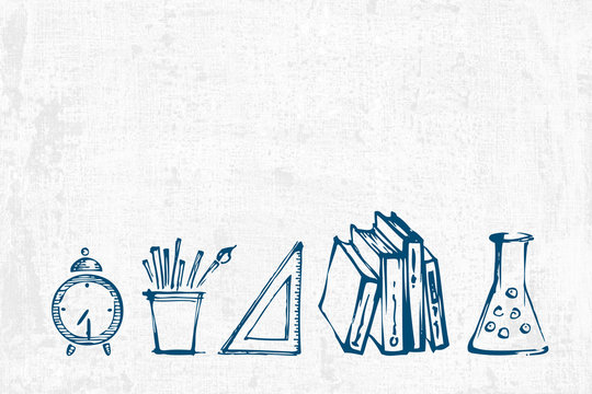 Student supplies and grey background. Back to school concept. Copy space.