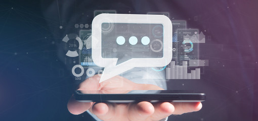 View of a Businessman holding a message icon with data in background - 3d rendering