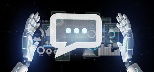 View of a Cyborg hand holding a message icon with data in background - 3d rendering