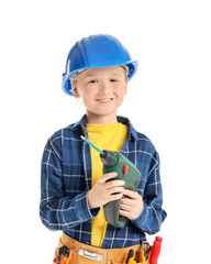 Cute little worker with drill on white background