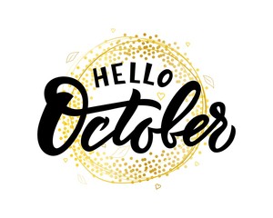 Obraz premium Hello October hand lettering on golden wreath with leaves.