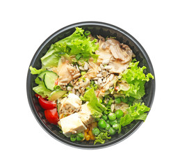 Container with delicious food isolated on white