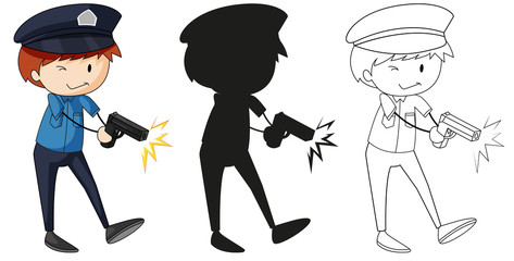 A set of characters in color, silhouette and outline