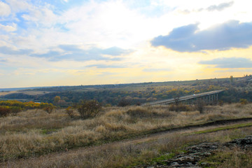 Bridge across the river Southern Bug in Ukraine on autumn
