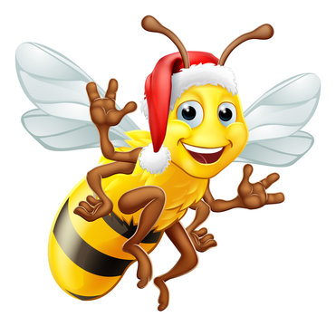 A Christmas bumble bee cartoon character in a Santa Claus hat flying and waving