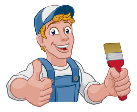 A painter decorator construction handyman cartoon man holding a paintbrush brush. Peeking over a sign and giving a thumbs up
