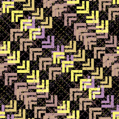 Seamless pattern patchwork design. Herringbone print with scribble and tweed tiles. Watercolor effect. Suitable for bed linen, leggings, shorts and fashion industry.