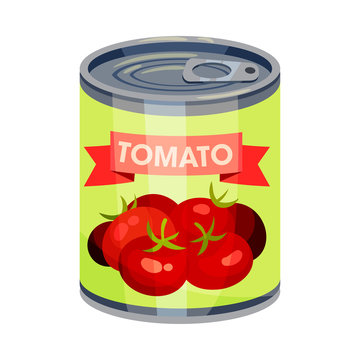 Round tin can with tomato. Vector illustration on white background.