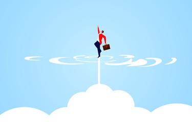 Businessman takes off and rushes out of the clouds