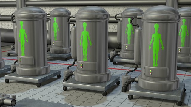 Aliens and humans in cryonic stasis pods . 3d rendering