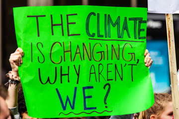 Homemade sign at environmental rally. A green poster is seen close-up, saying the climate is...