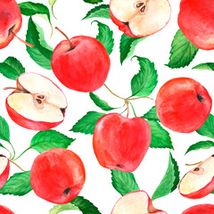 Watercolor seamless pattern with red apples. Fruit background. Suitable for fabric, packaging, cover and textile.