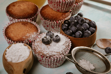 delicious mouthwatering dessert made of muffins, honey and blueberry