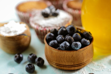 delicious mouthwatering dessert made of muffins, honey and blueberry