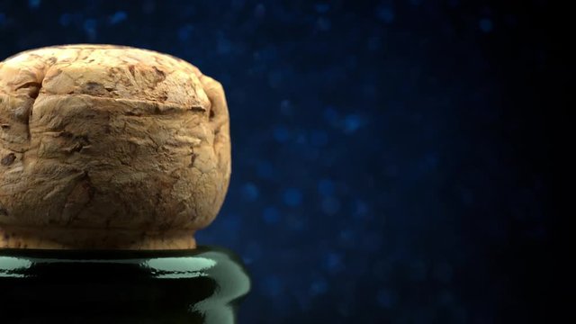 Cork flies out of champagne bottle isolated on black background 3d 4K