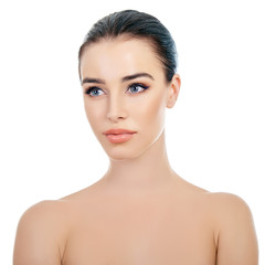 Fototapeta premium Majestic woman's beauty. Portrait of beautiful girl over white background. Beauty treatment, cosmetology, spa, health care, body and skin care concept.