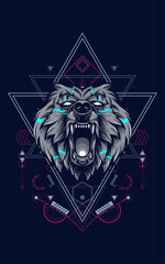 WIld bear head logo illustration with sacred geometry pattern as the background
