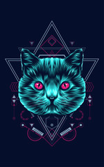 Cute cat logo illustration with sacred geometry pattern as the background