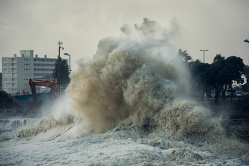 Fototapeta na wymiar Huge storm wave crashing on shore