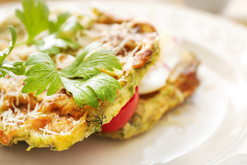 Tasty squash waffles on plate, closeup