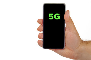 5G word written in a smartphone, white background, isolate