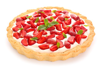 Tasty strawberry cake on white background