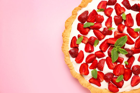 Tasty Strawberry Cake On Color Background