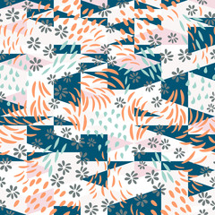 Vector seamless abstract background with floral and geometric shapes in pastel colors.