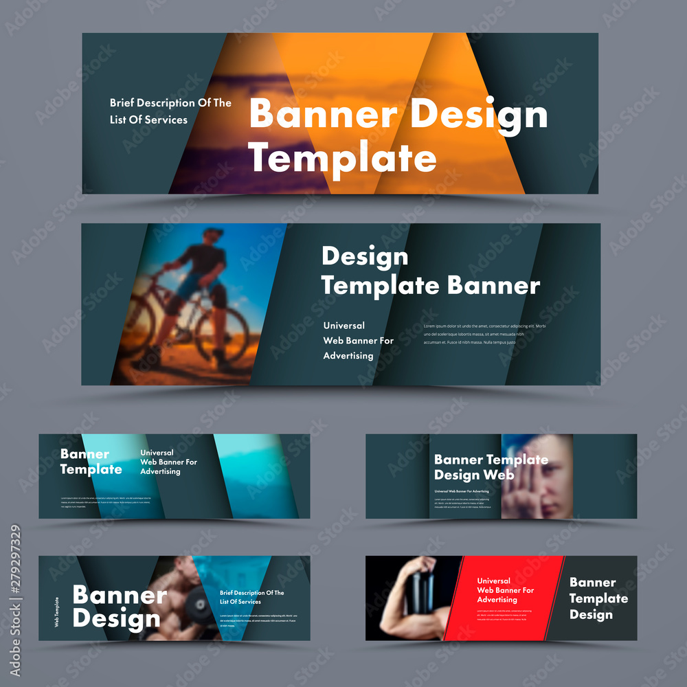 Poster Big set of horizontal black web banners in the style of material design with space for photos and soaring elements with shadow.