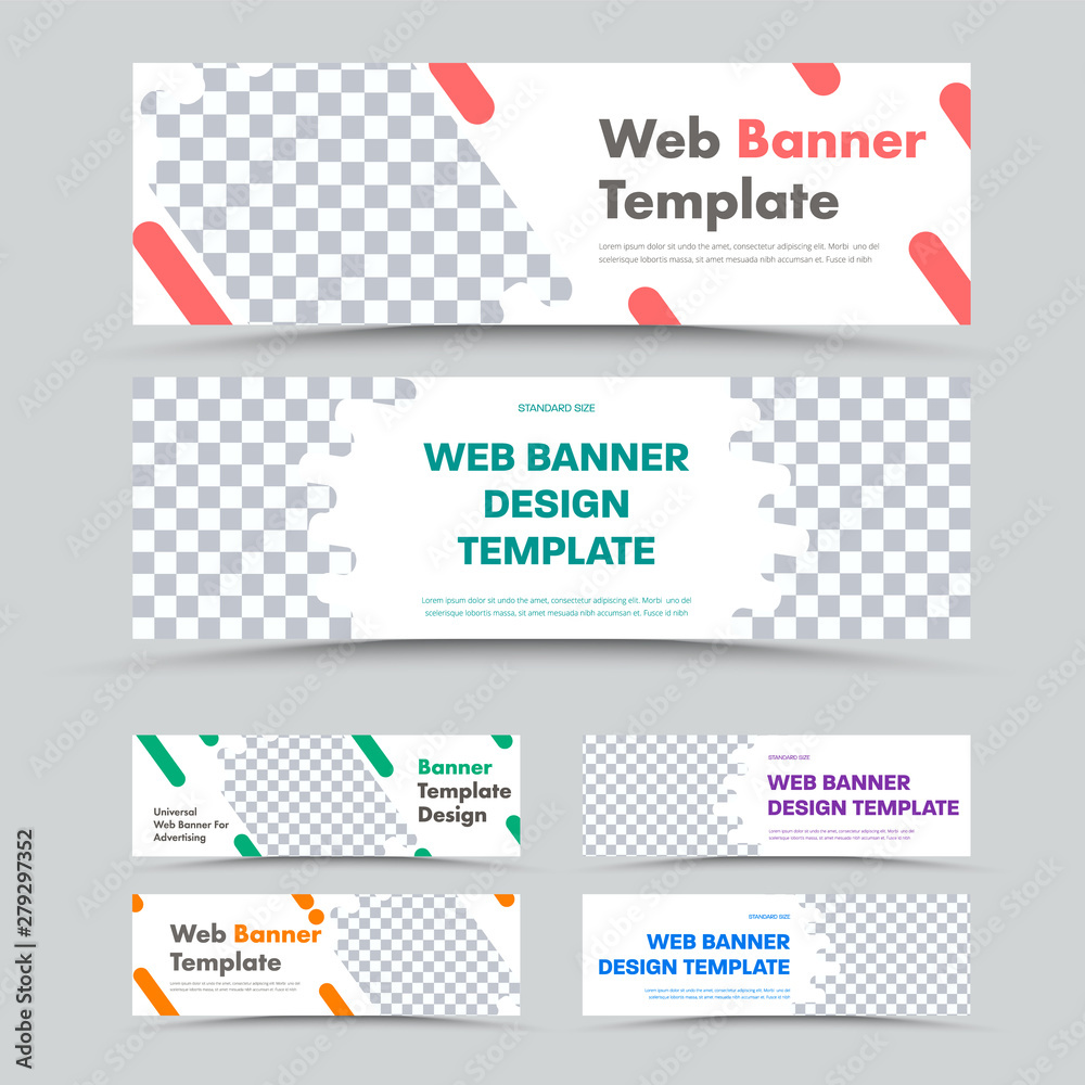 Poster large set of horizontal white web banners with abstract uneven shapes for photos.
