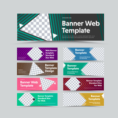 Big set of templates of horizontal color web banners with different geometric shapes for images.