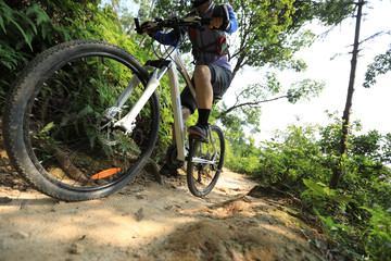 Cross country biking woman cyclist riding mountain bike on tropical forest trail