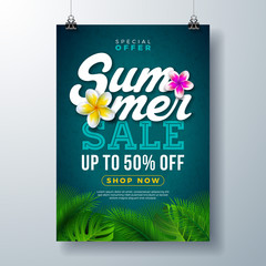 Summer Sale Poster Design Template with Flower and Exotic Palm Leaves on Blue Background. Tropical Floral Vector Illustration with Special Offer Typography for Coupon, Voucher, Banner, Flyer