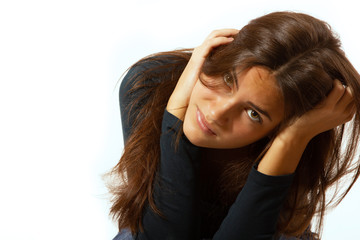 Obraz premium Depression, teen girl cried lonely isolated on white background. Loneliness, grief, mental health, sadness concept. Young woman with headache.