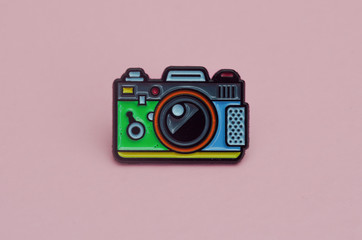 enamelled metal brooch camera icon