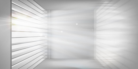 Room with a large window with blinds. Empty space for the exhibition. Vector illustration.