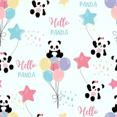 Fotobehang Dieren met ballon Leuke achtergrond met panda, ballon, regenboog, wolk. Vector illustratie naadloze patroon voor achtergrond, behang, frabic. Bewerkbaar element