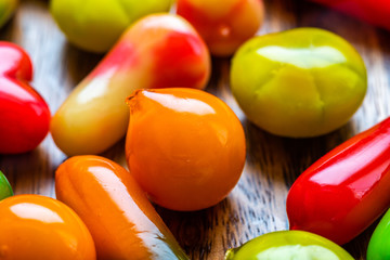 Fruit Shaped Mung Beans, deletable imitation fruits, Kanom Look Choup, Thai dessert