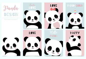 Fototapeta premium Collection of birthday background set with panda.Editable vector illustration for birthday invitation,postcard and sticker.Wording include hello