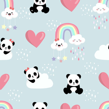 Cute background with panda,heart,rainbow,cloud.Vector illustration seamless pattern for background,wallpaper,frabic.Editable element