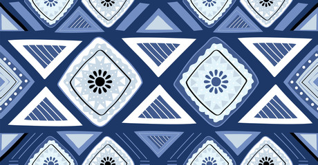 Blue geometric seamless pattern in African style with square,tribal,circle shape