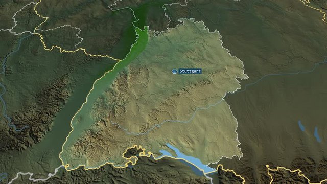 Baden Wurttemberg - state of Germany with its capital zoomed on the physical map of the globe. Animation 3D