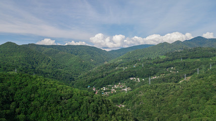 Fototapeta na wymiar Aerial Nature View of Caucasus mountain at sunny morning