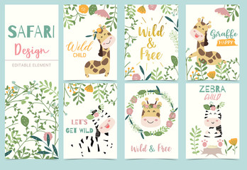 Collection of safari background set with head giraffe,flower,zebra,lion.Editable vector illustration for birthday invitation,postcard and sticker.Wording include wild and free
