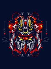 Mecha head logo illustration with sacred geometry pattern as the background