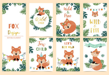 Collection of safari background set with head fox,fox,ribbon.Editable vector illustration for birthday invitation,postcard and sticker.Wording include wild and free © piixypeach