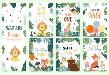 Green collection of safari background set with lion,fox,bear,giraffe,monkey.Editable vector illustration for birthday invitation,postcard and sticker.Wording include wild one © piixypeach