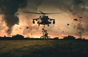 Homeless child riding bicycle and watching soldiers and helicopters and tanks / Military forces...