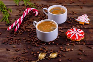 Christmas morning with fragrant coffee, gifts, gingerbread and the festive atmosphere