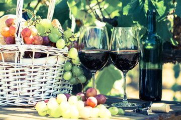 glass of red wine grapes and picnic basket on table in field